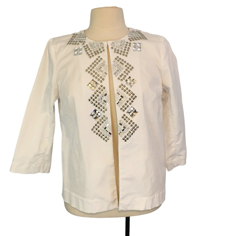 Joan Rivers Womens White Open Front Blazer,‎ Jacket, Silver Embellishments sz 8
